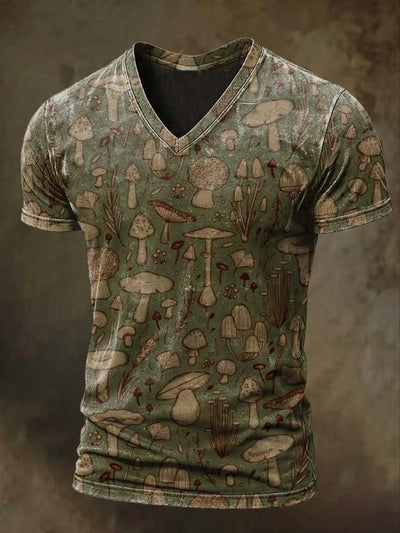 Retro Mushroom Print Casual V-Neck Short Sleeve T-Shirt