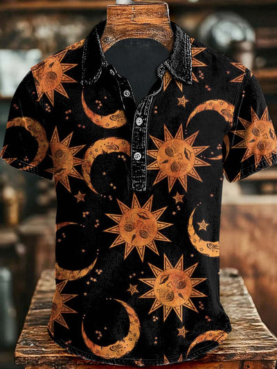Sun, Moon & Stars Printed Casual Short Sleeve Polo Shirt