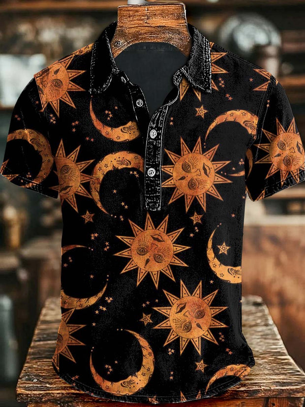 Sun, Moon & Stars Printed Casual Short Sleeve Polo Shirt