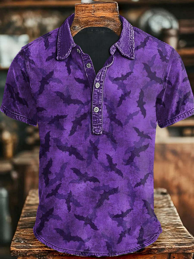 Halloween Bat Print Casual Short Sleeve Polo Shirt
