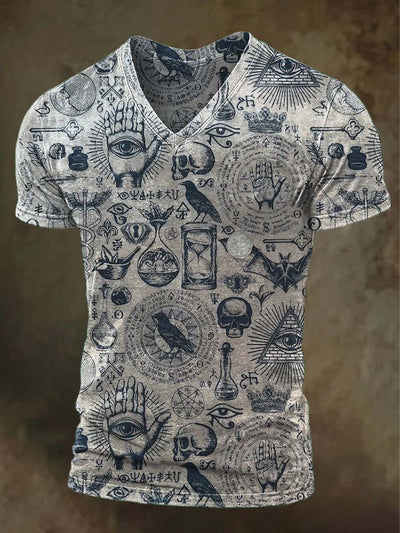 Dark Abstract Print Casual V-Neck Short Sleeve T-Shirt