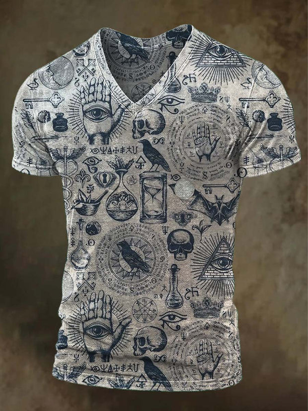 Dark Abstract Print Casual V-Neck Short Sleeve T-Shirt