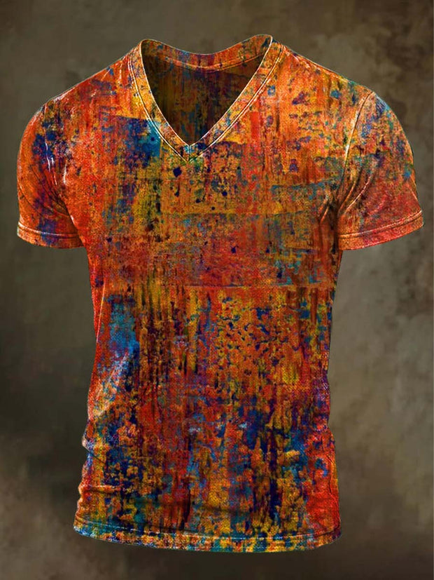 Abstract Oil Painting Color Clash Art Print Casual V-Neck Short Sleeve T-Shirt
