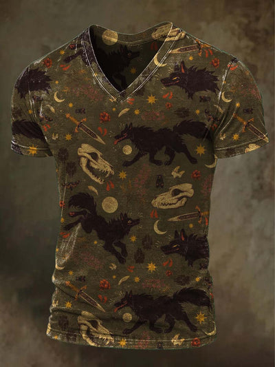 Dark Wolf Abstract Print Casual V-Neck Short Sleeve T-Shirt