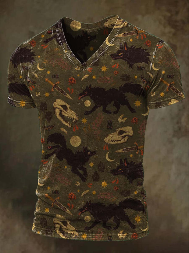 Dark Wolf Abstract Print Casual V-Neck Short Sleeve T-Shirt