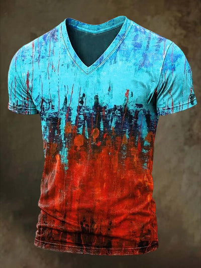 Abstract Oil Painting Color Clash Art Print Casual V-Neck Short Sleeve T-Shirt