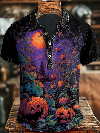 Halloween Pumpkin Print Casual Short Sleeve Polo Shirt
