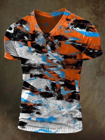 Abstract Color Clash Art Print Casual V-Neck Short Sleeve T-Shirt