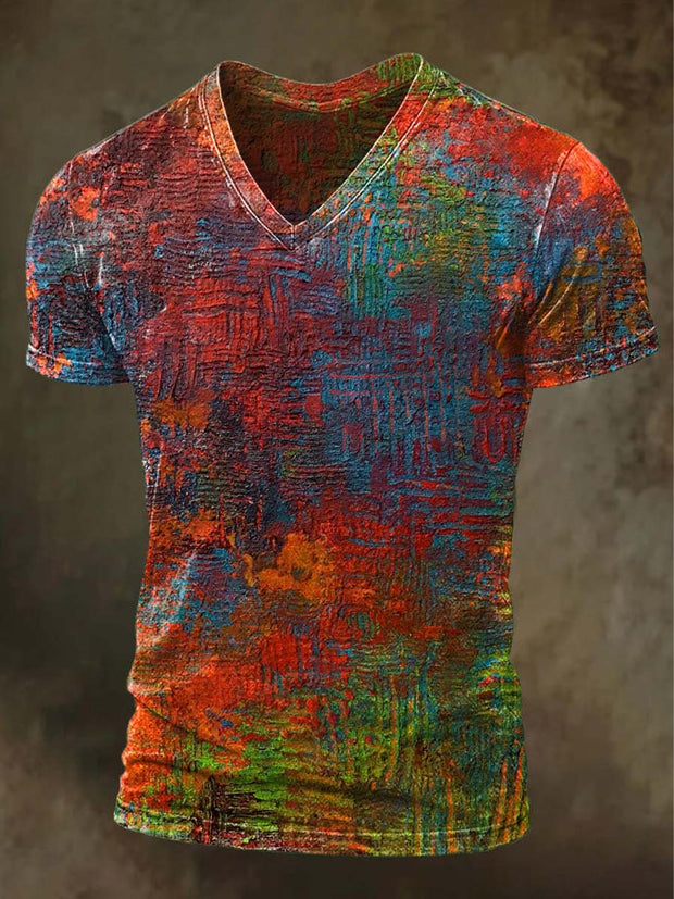 Abstract Color Clash Art Print Casual V-Neck Short Sleeve T-Shirt