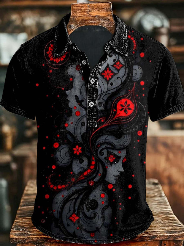 Abstract Floral Print Casual Short Sleeve Polo Shirt