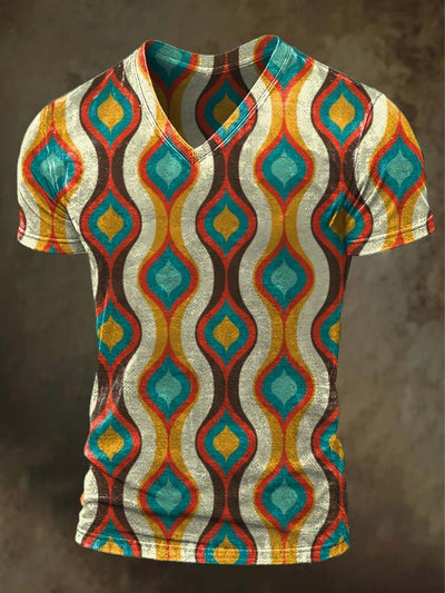 Abstract Geometric Print Casual V-Neck Short Sleeve T-Shirt