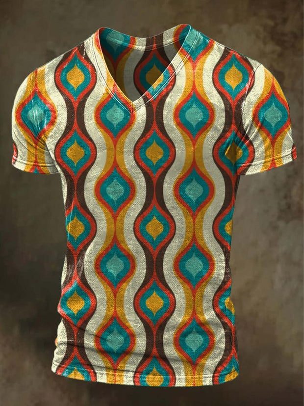 Abstract Geometric Print Casual V-Neck Short Sleeve T-Shirt