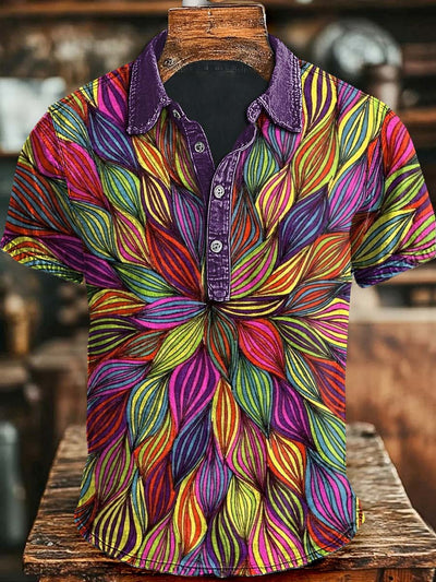 Colorful Abstract Floral Print Casual Short Sleeve Polo Shirt