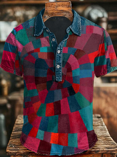 Irregular Square Print Casual Short Sleeve Polo Shirt