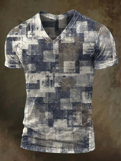 Irregular Square Printed Casual V-Neck Short Sleeve T-Shirt