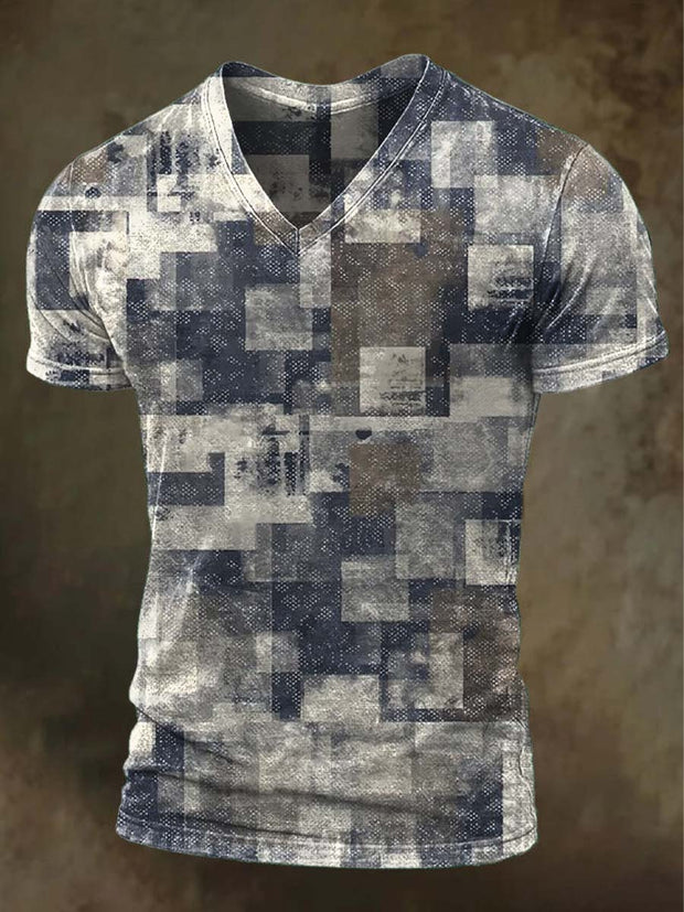 Irregular Square Printed Casual V-Neck Short Sleeve T-Shirt
