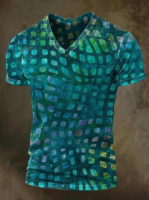 Irregular Square Printed Casual V-Neck Short Sleeve T-Shirt