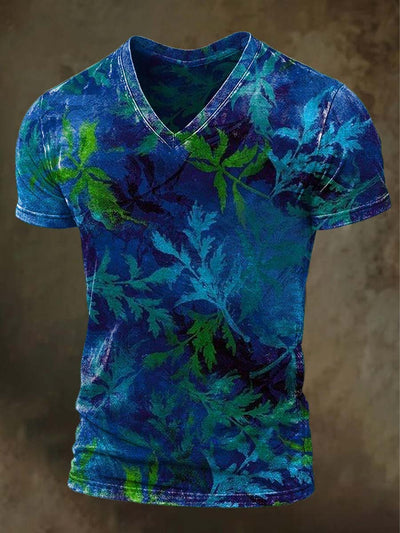 Gradient Leaf Print Casual V-Neck Short Sleeve T-Shirt
