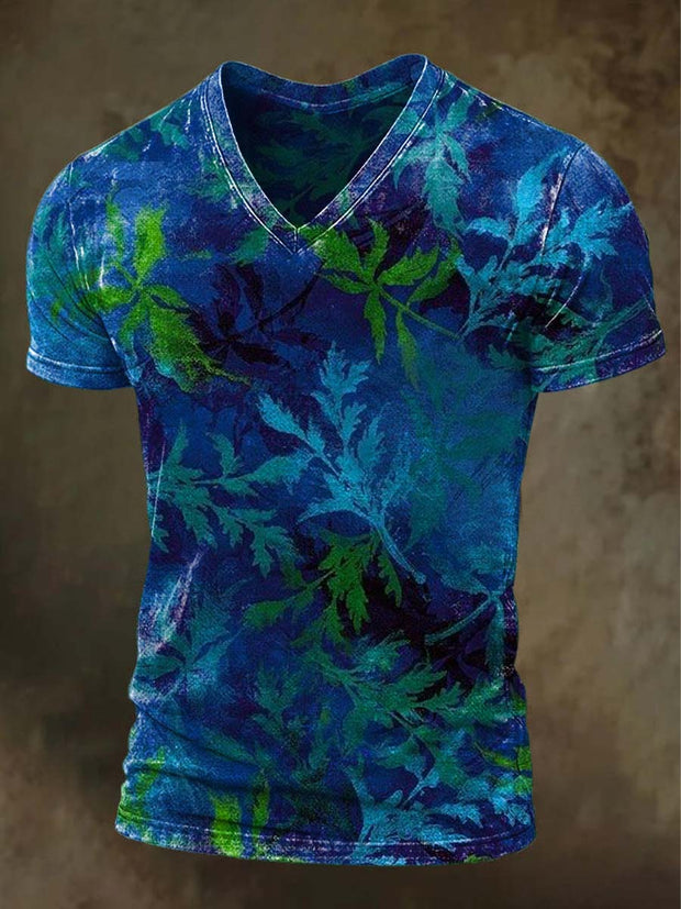 Gradient Leaf Print Casual V-Neck Short Sleeve T-Shirt