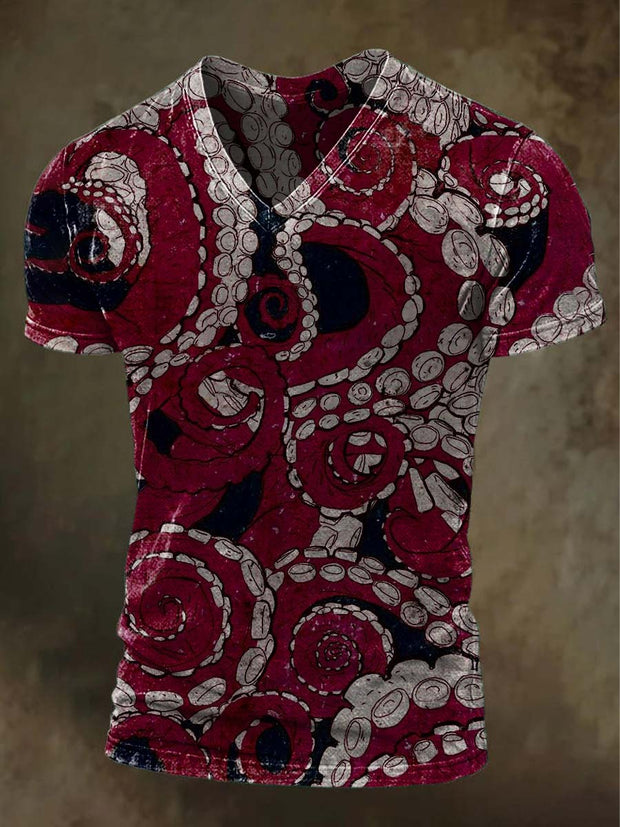 Octopus Tentacle Print Casual V-Neck Short Sleeve T-Shirt