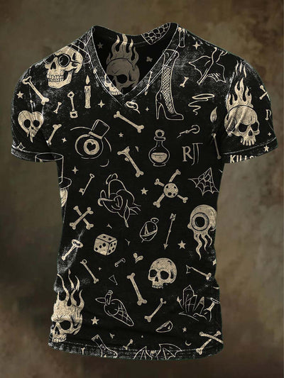 Halloween Skull Print Casual V-Neck Short Sleeve T-Shirt