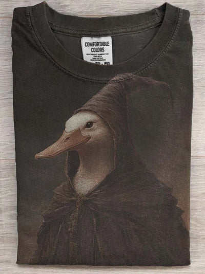Vintage Halloween Duck Wizard Print Casual Short Sleeve T-Shirt