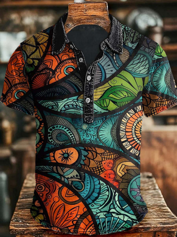Abstract Retro Floral Print Casual Short Sleeve Polo Shirt