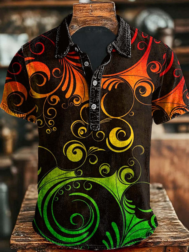 Abstract Gradient Floral Print Casual Short Sleeve Polo Shirt