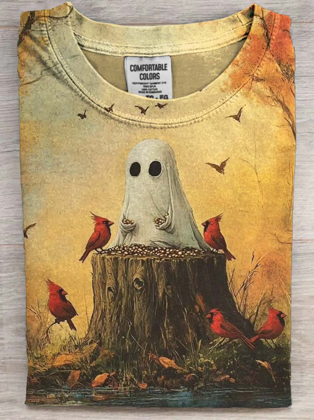 Halloween Spooky Cardinal Bird Print Casual Short Sleeve T-Shirt