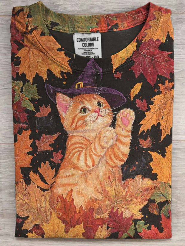 Halloween Cute Witch Cat Print Casual Short Sleeve T-Shirt