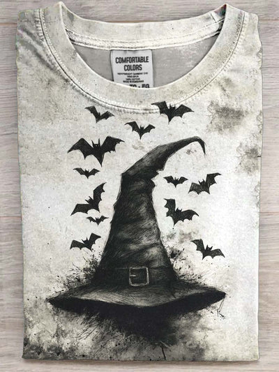 Halloween Bat Witch Hat Printed Casual Short Sleeve T-Shirt