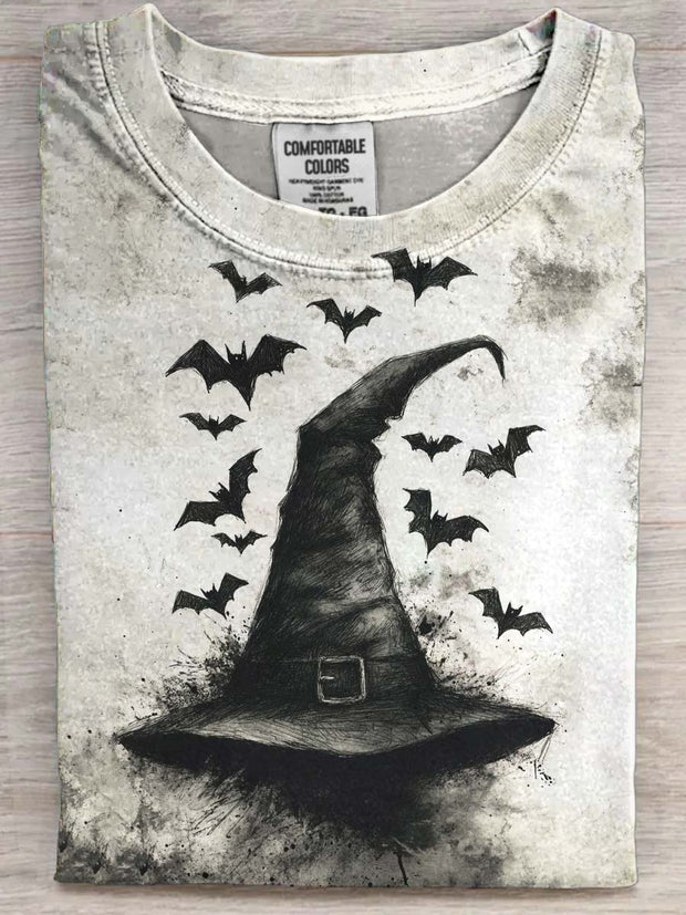 Halloween Bat Witch Hat Printed Casual Short Sleeve T-Shirt
