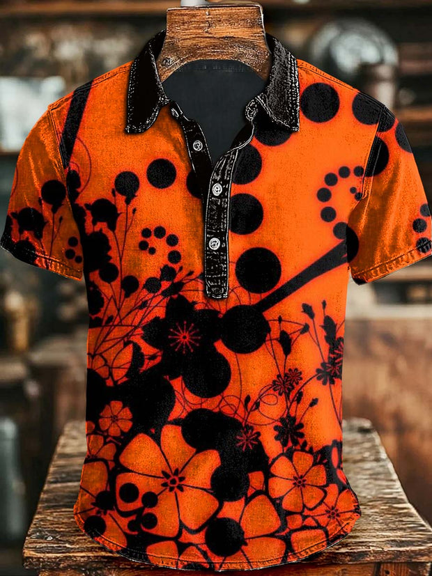 Abstract Floral Print Casual Short Sleeve Polo Shirt