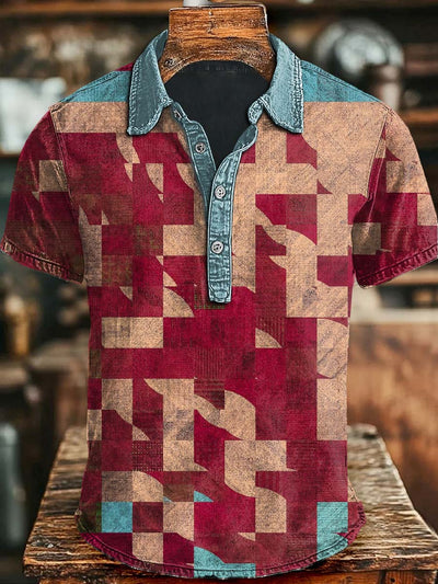 Irregular Geometric Print Casual Short Sleeve Polo Shirt