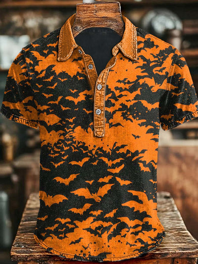 Halloween Bat Print Casual Short Sleeve Polo Shirt
