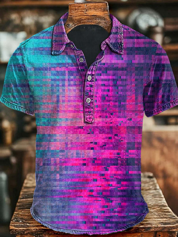 Colorblocked Geometric Print Casual Short Sleeve Polo Shirt