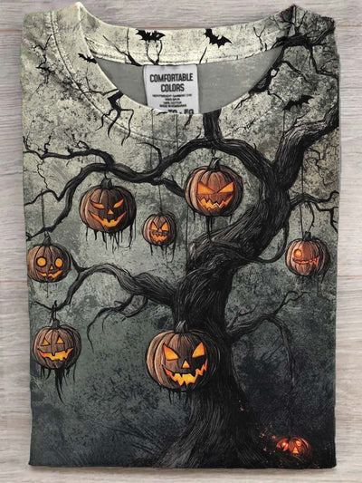 Halloween Evil Pumpkin Tree Print Casual Short Sleeve T-Shirt