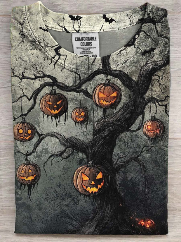 Halloween Evil Pumpkin Tree Print Casual Short Sleeve T-Shirt