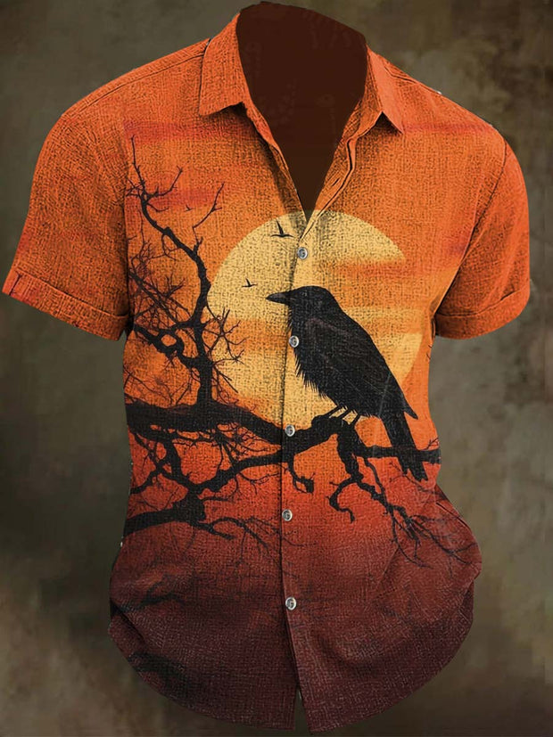 Halloween Raven Print Casual Short Sleeve Shirt
