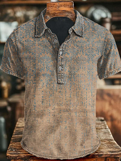 Vintage Aged Floral Print Casual Short Sleeve Polo Shirt