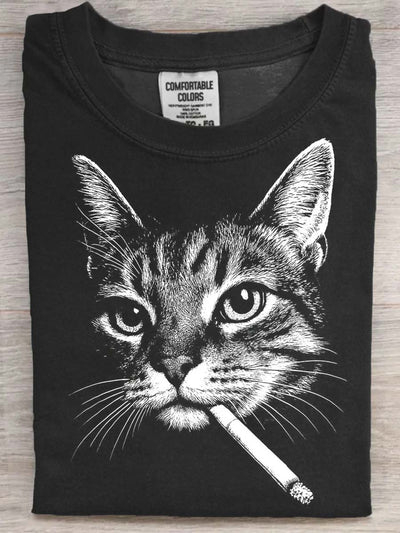 Halloween Smoking Cat Printed Casual Short Sleeve T-Shirt