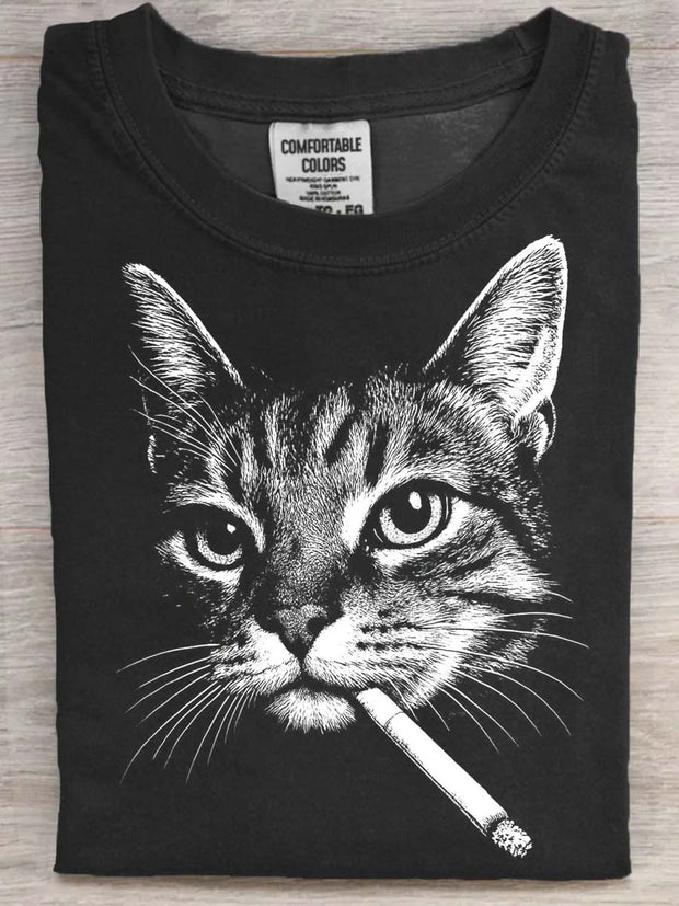 Halloween Smoking Cat Printed Casual Short Sleeve T-Shirt