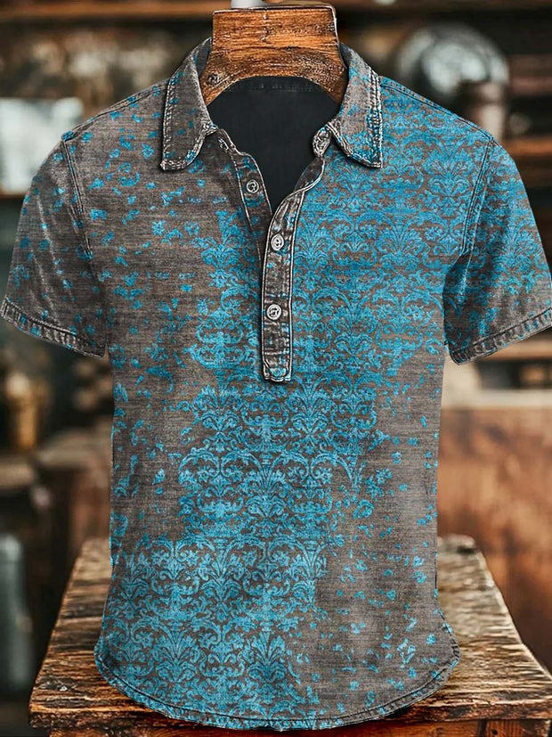 Vintage Aged Floral Print Casual Short Sleeve Polo Shirt