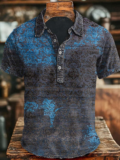 Vintage Aged Floral Print Casual Short Sleeve Polo Shirt