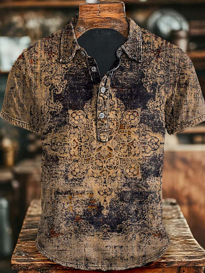 Vintage Aged Floral Print Casual Short Sleeve Polo Shirt