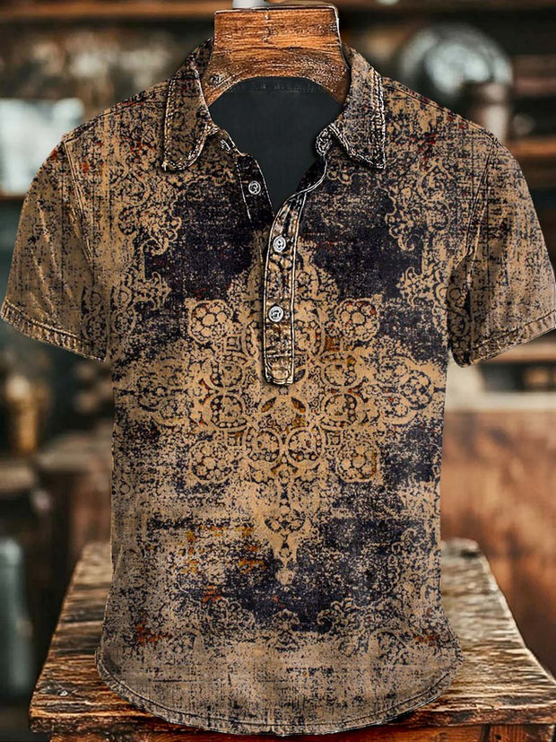 Vintage Aged Floral Print Casual Short Sleeve Polo Shirt