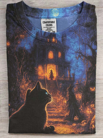 Halloween Castle Witch Black Cat Print Casual Short Sleeve T-Shirt