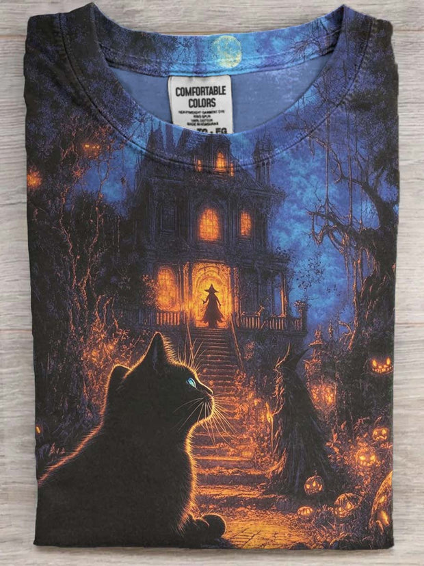 Halloween Castle Witch Black Cat Print Casual Short Sleeve T-Shirt