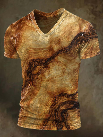 Olive Wood Textured Print Casual Short Sleeve V-Neck T-Shirt