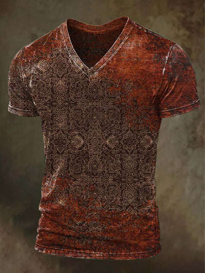 Vintage Floral Patchwork Printed Casual Short Sleeve V-Neck T-Shirt